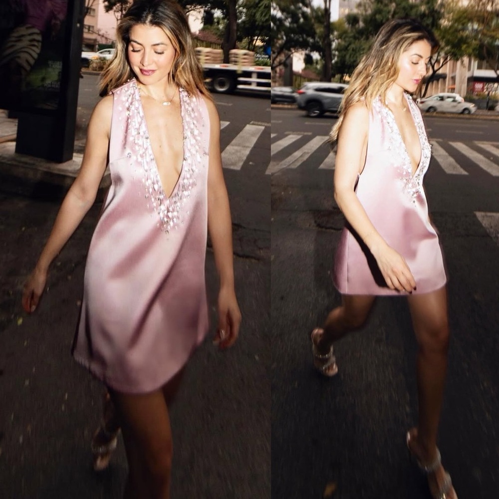 Retrofete Maisy Crystal Embellished Mini Dress Earl Rose Pink Silver - Picture 2 of 15